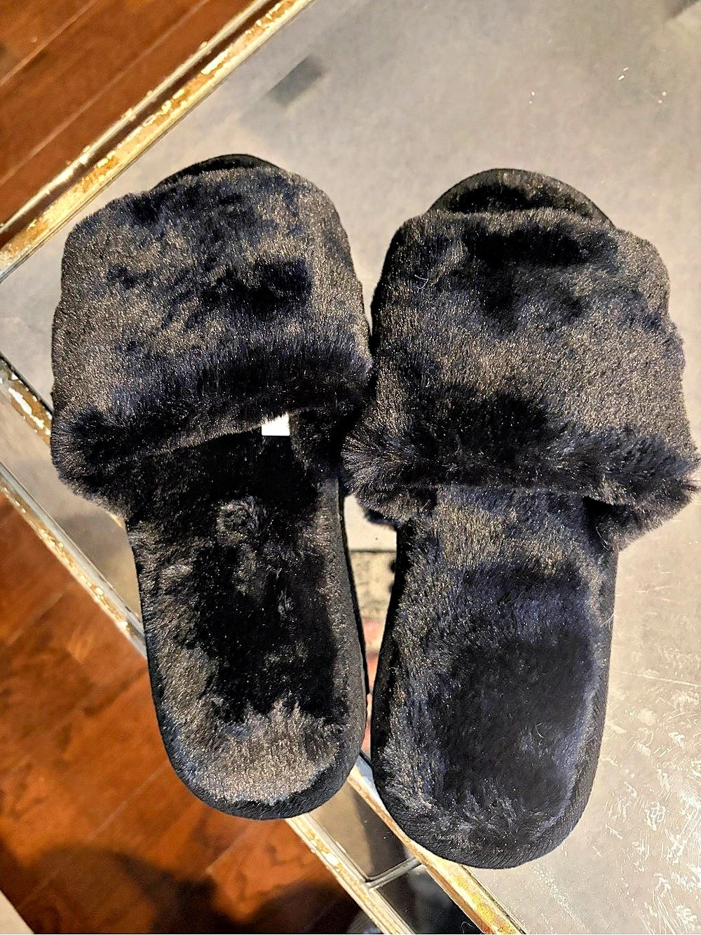 Black Plush Slide Slippers